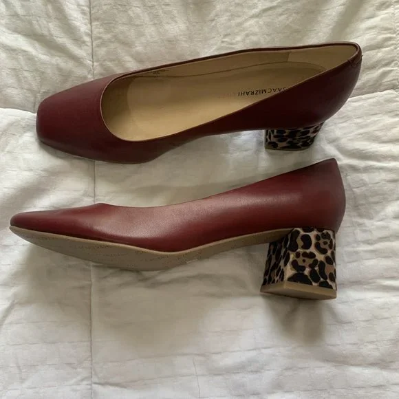 Dark Red Leather Leopard Pump Shoes - Picture 4 of 7